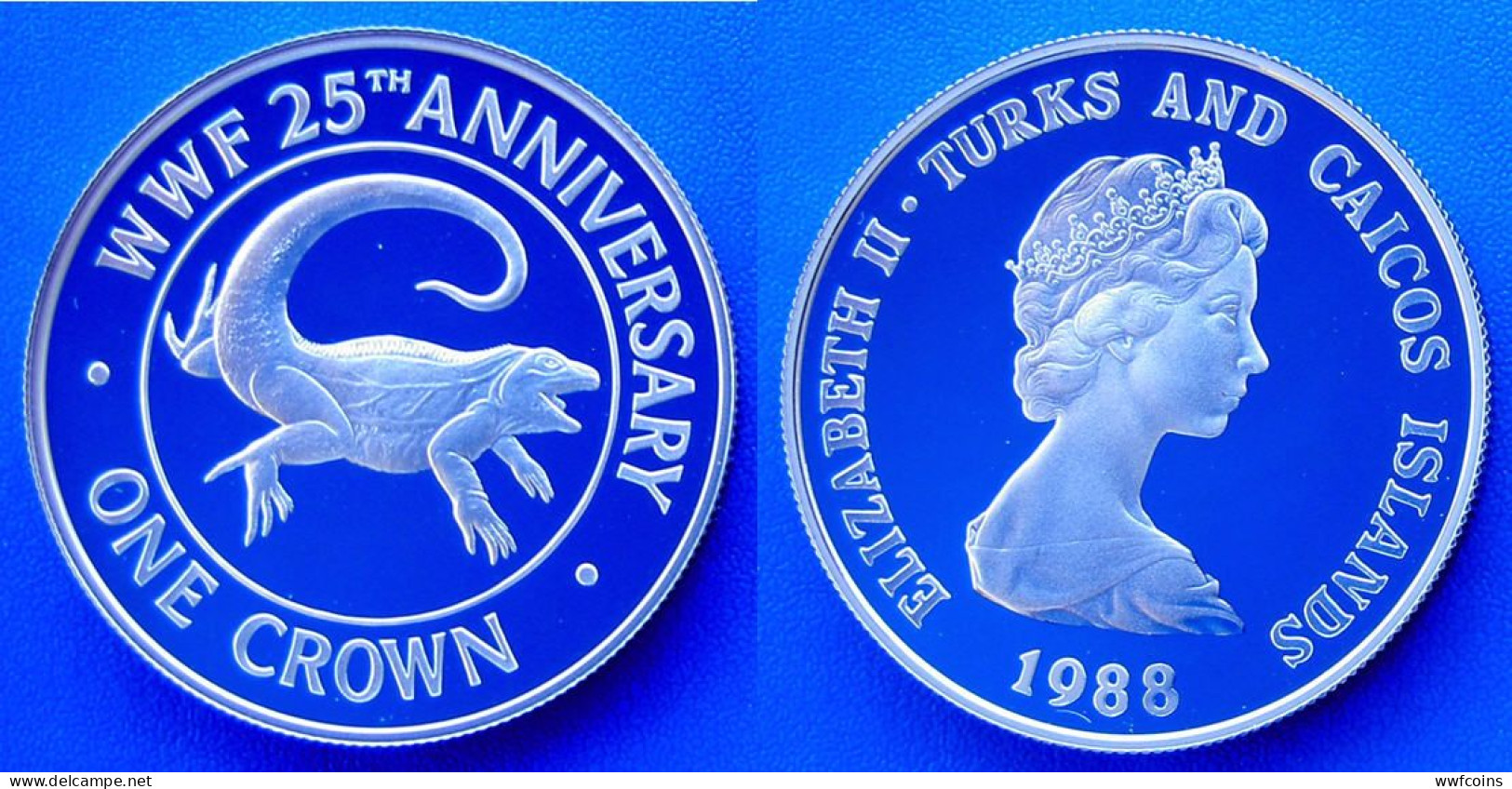 TURKS AND CAICOS ISLANDS 1 C 1988 ARGENTO PROOF WWF ANNIVERSARY IGUANA PESO 28,28g TITOLO 0,925 - Turks En Caicoseilanden