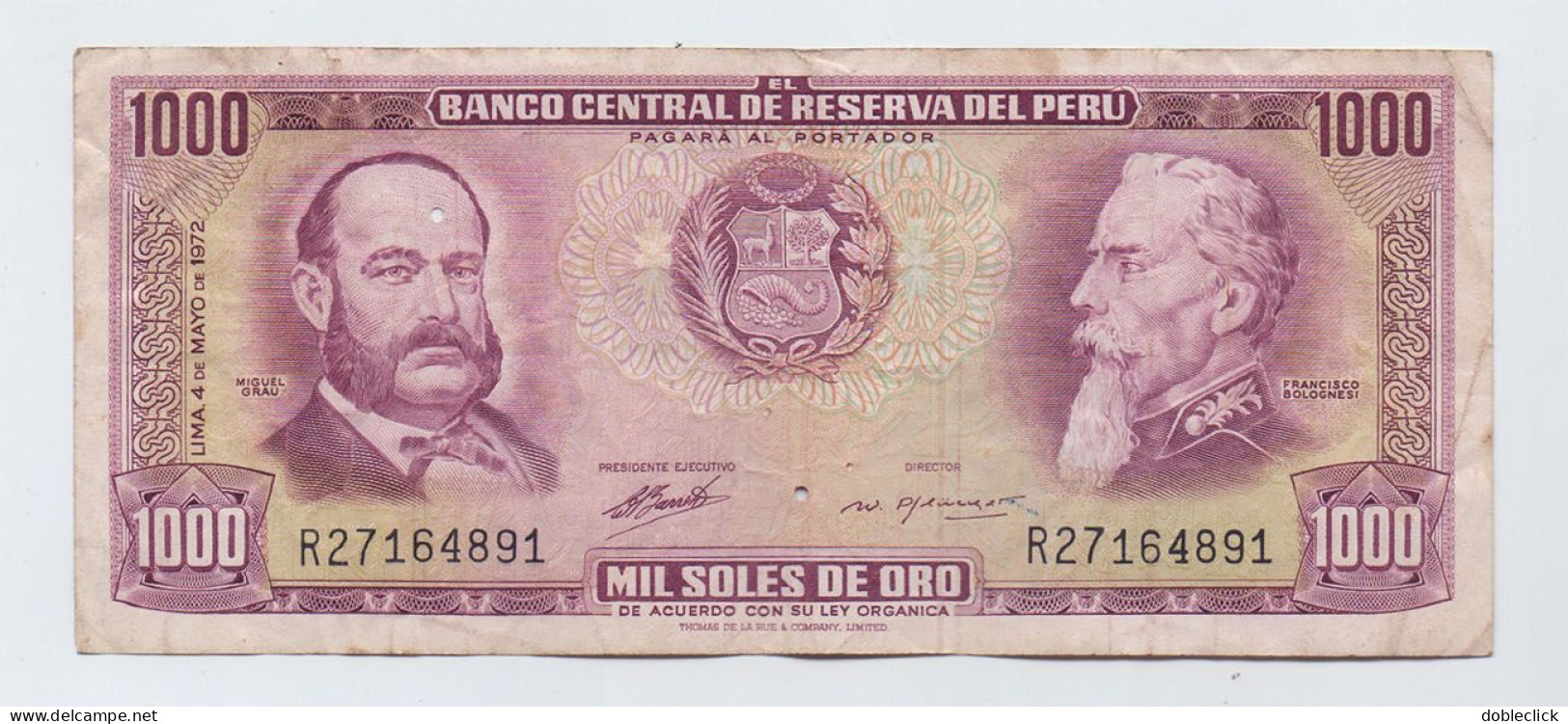 PERU - 1000 SOLES DE ORO GRAU BOLOGNESI MACHU PICCHU P-105B 1972 - VF - Perú