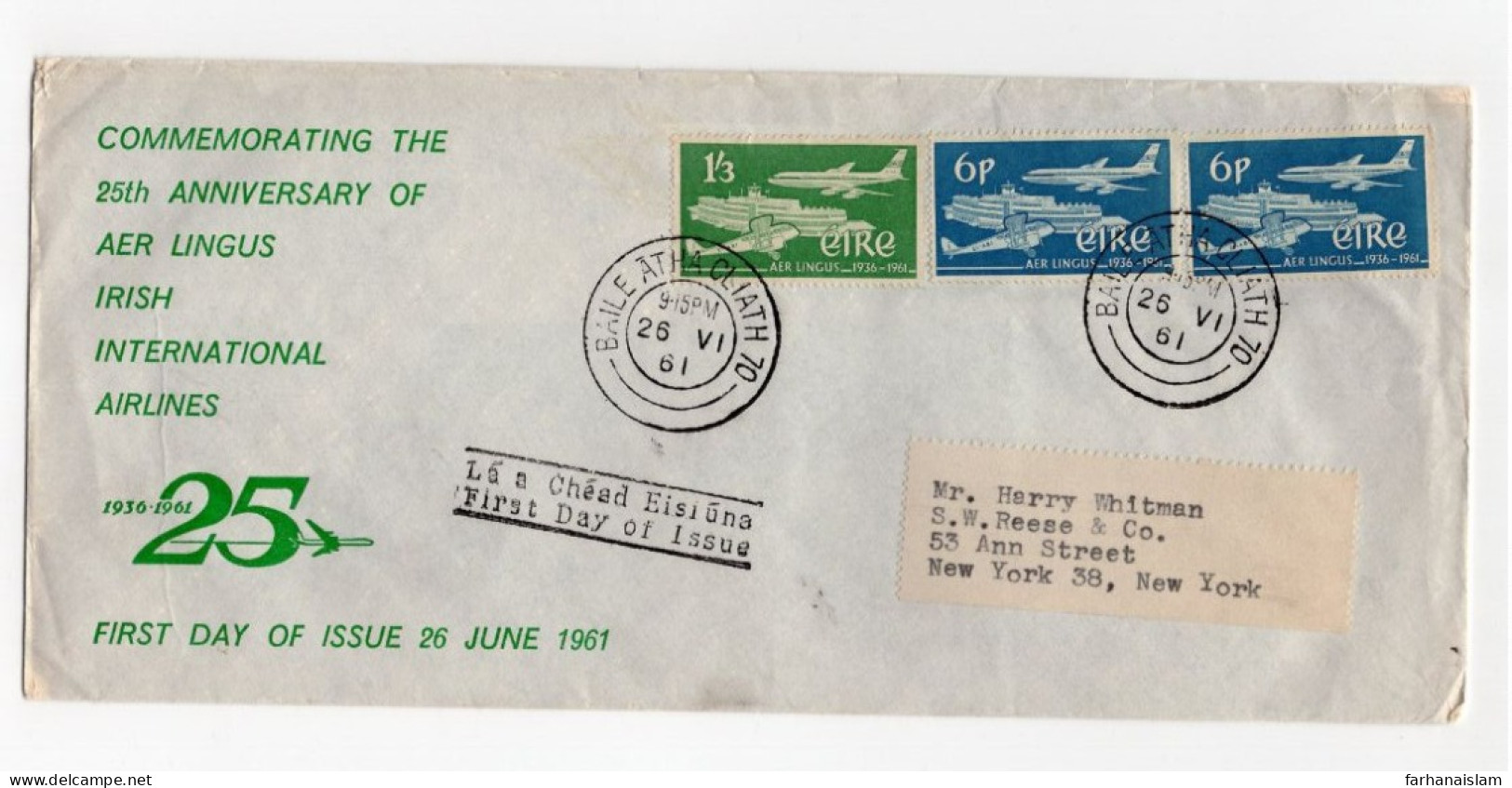 IRLAND IRLANDE  FDC First Day  Cover  EIRE  1961 AER LINGUS The 25th Anniversary -Irish International Air - Poste Aérienne