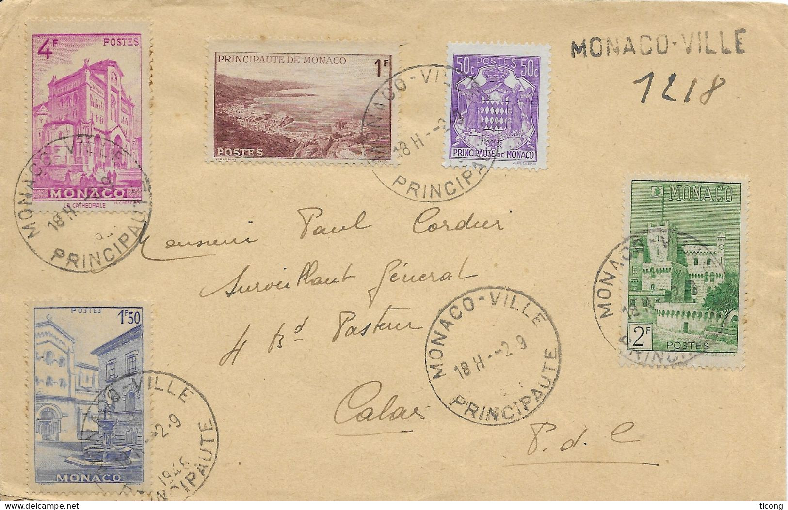 MONACO VILLE 1946 LETTRE POUR CALAIS - TIMBRES CATHEDRALE, PALAIS, BLASON, FONTAINE, VUE GENERALE AERIENNE, GRIFFE..... - Cartas & Documentos
