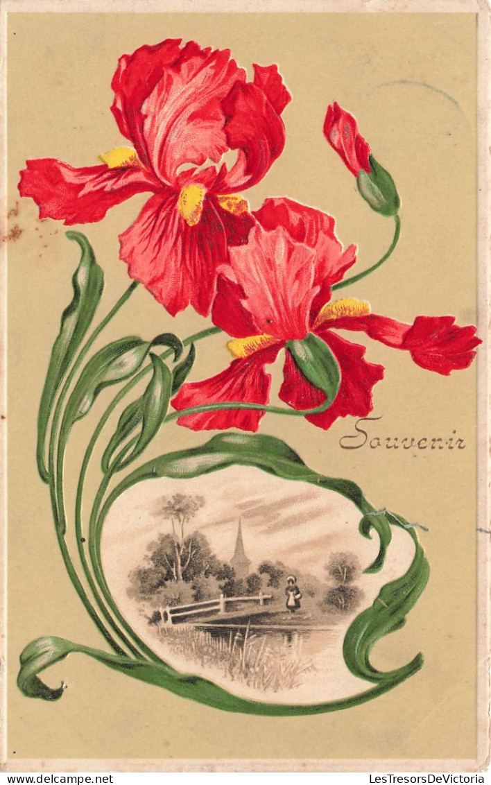 FLEURS PLANTES ARBRES - Fleurs  - Tulipe Dragonne - Campagne - Eglise - Cadre -  Carte Postale Ancienne - Blumen