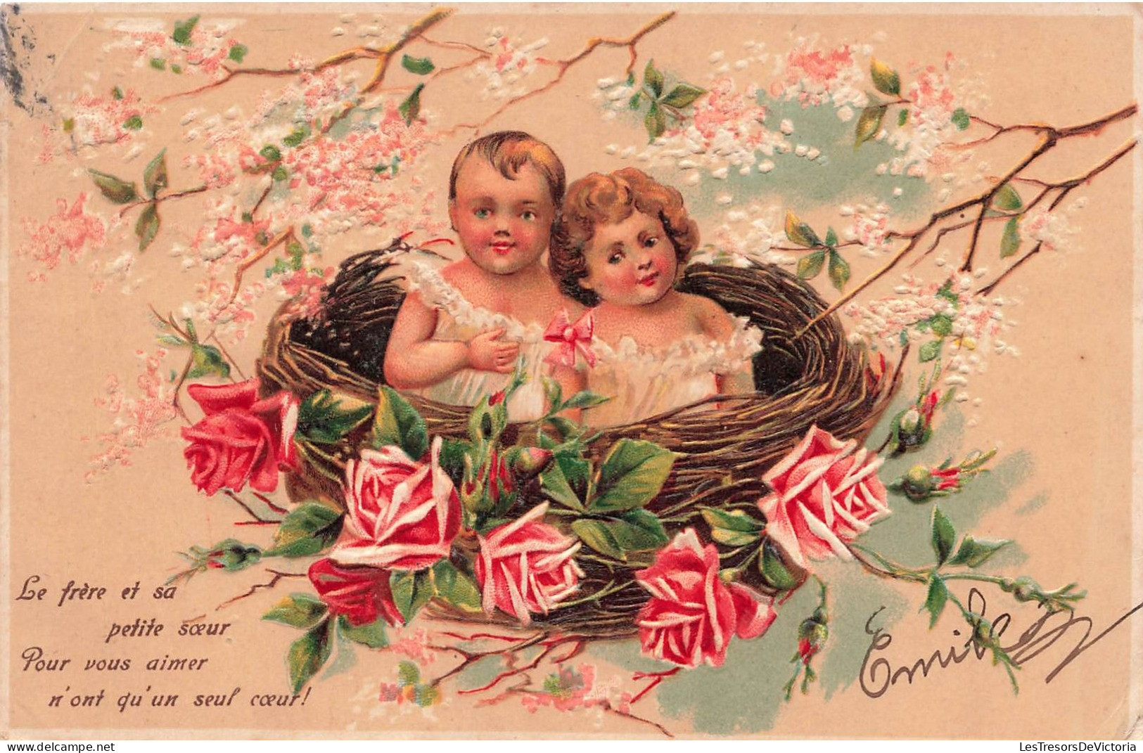FANTAISIE - Bébés - Le Frère Et Sa Petite Soeur Pour Vous Aimer N'ont Qu'un Seul Coeur - Carte Postale Ancienne - Bébés