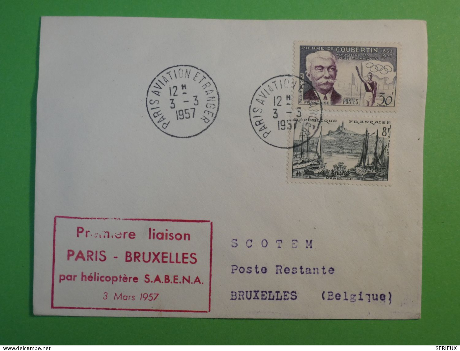 G 23  FRANCE BELLE  LETTRE   1957   PREMIERE  LIAISON  PARIS BRUXELLES BELGIQUE  +COUBERTIN      + AFF.   PLAISANT ++ - 1927-1959 Briefe & Dokumente