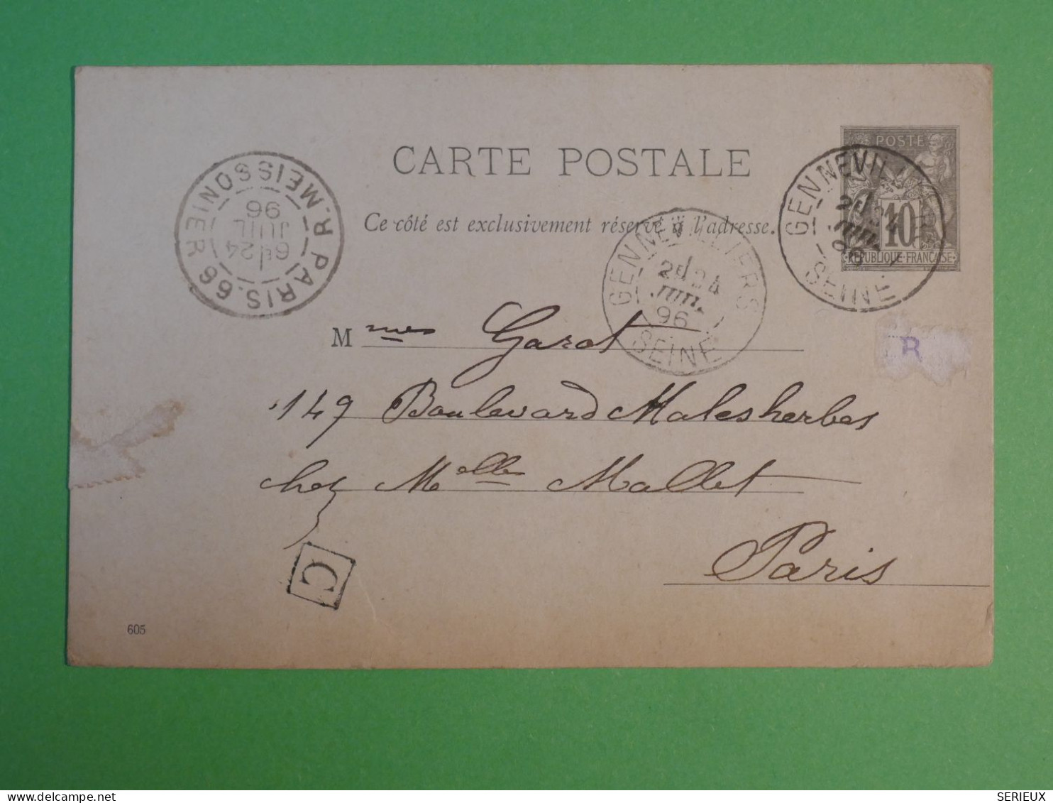 G 23  FRANCE BELLE  CARTE ENTIER SAGE    1896  GENEVILLIERS A PARIS     + AFF.   PLAISANT ++ - Cartes Précurseurs