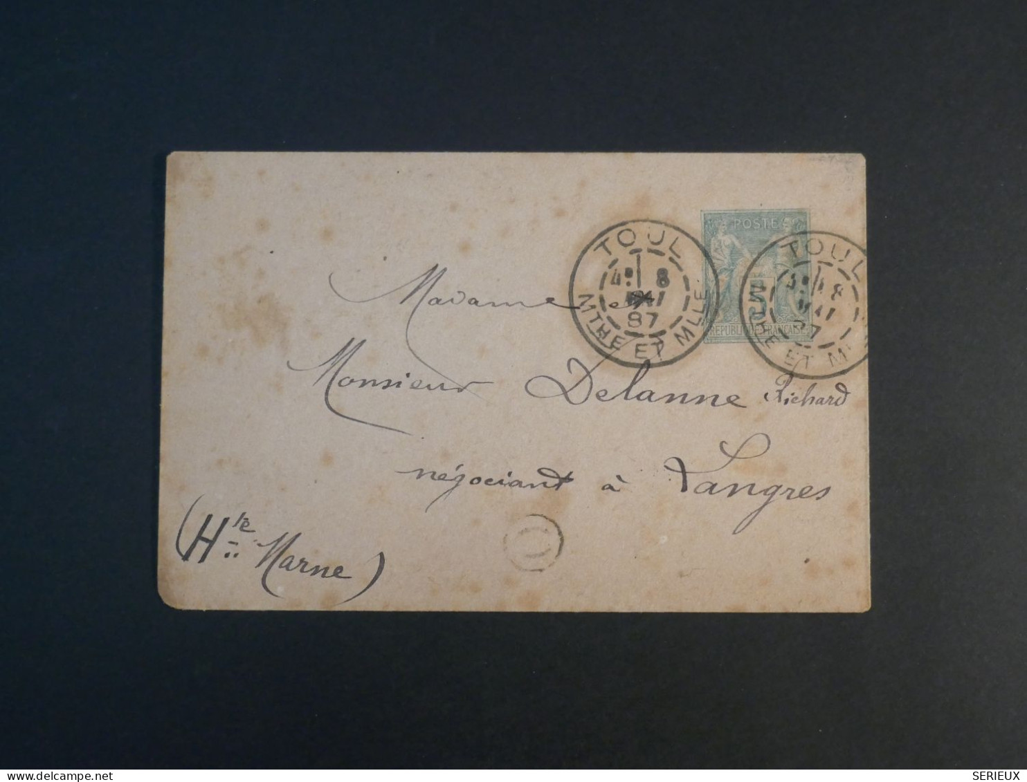 G 23  FRANCE BELLE LETTRE  ENTIER SAGE    1887  TOUL A LANGRES    + AFF.   INTERESSANT ++ - Karten/Antwortumschläge T