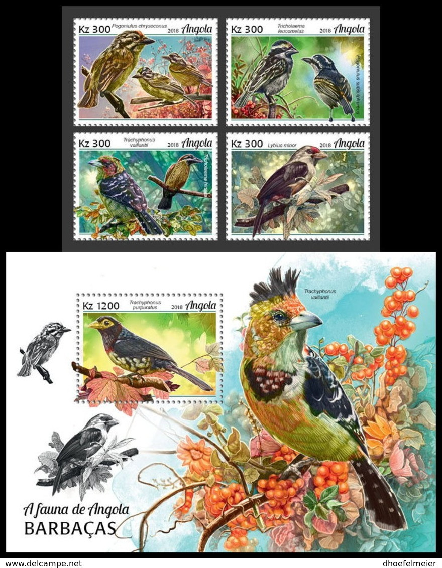 ANGOLA 2018 MNH Barbets Bartvögel 4v+S/S - OFFICIAL ISSUE - DH1908 - Piciformes (pájaros Carpinteros)