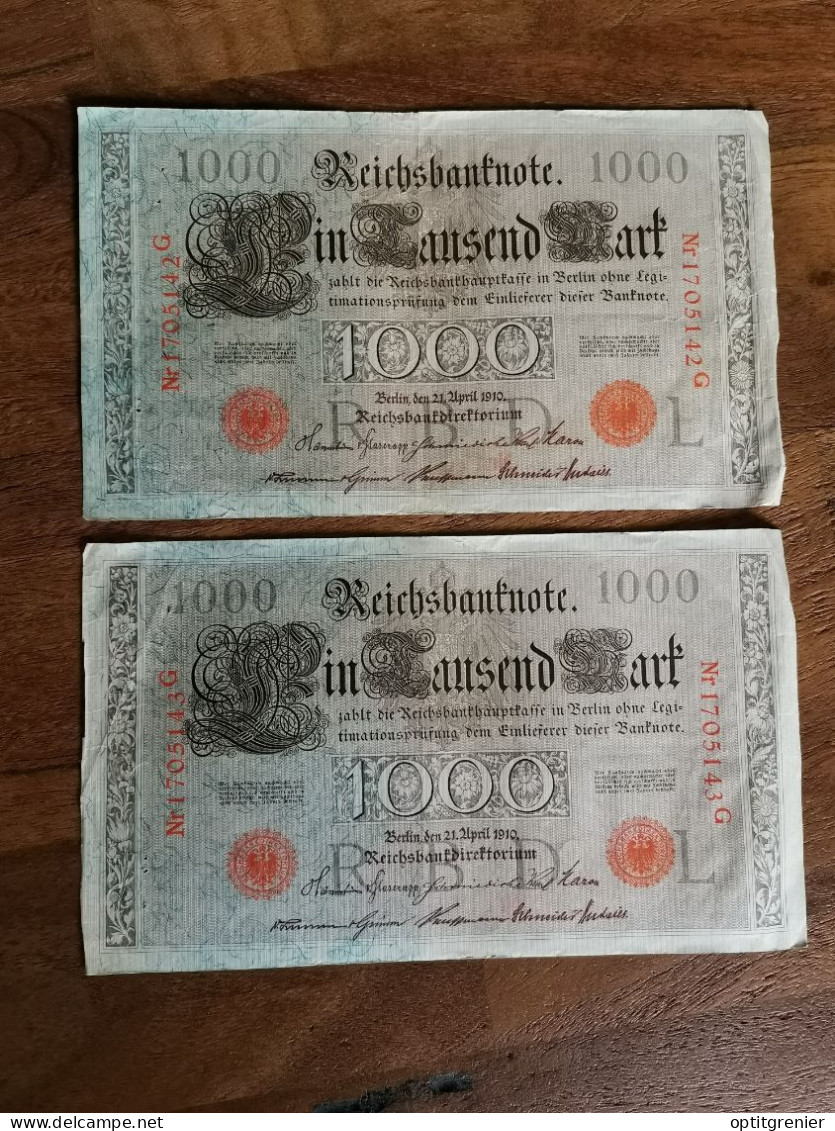 LOT 2 BILLETS N° SUIVIS 1000 MARK 21 04 1910 BERLIN SERIE L REICHSBANKNOTE ALLEMAGNE - 1.000 Mark