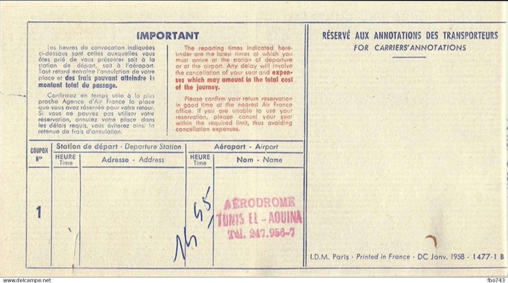 1959 Ticket Air France Tunis-Marseille - Europe