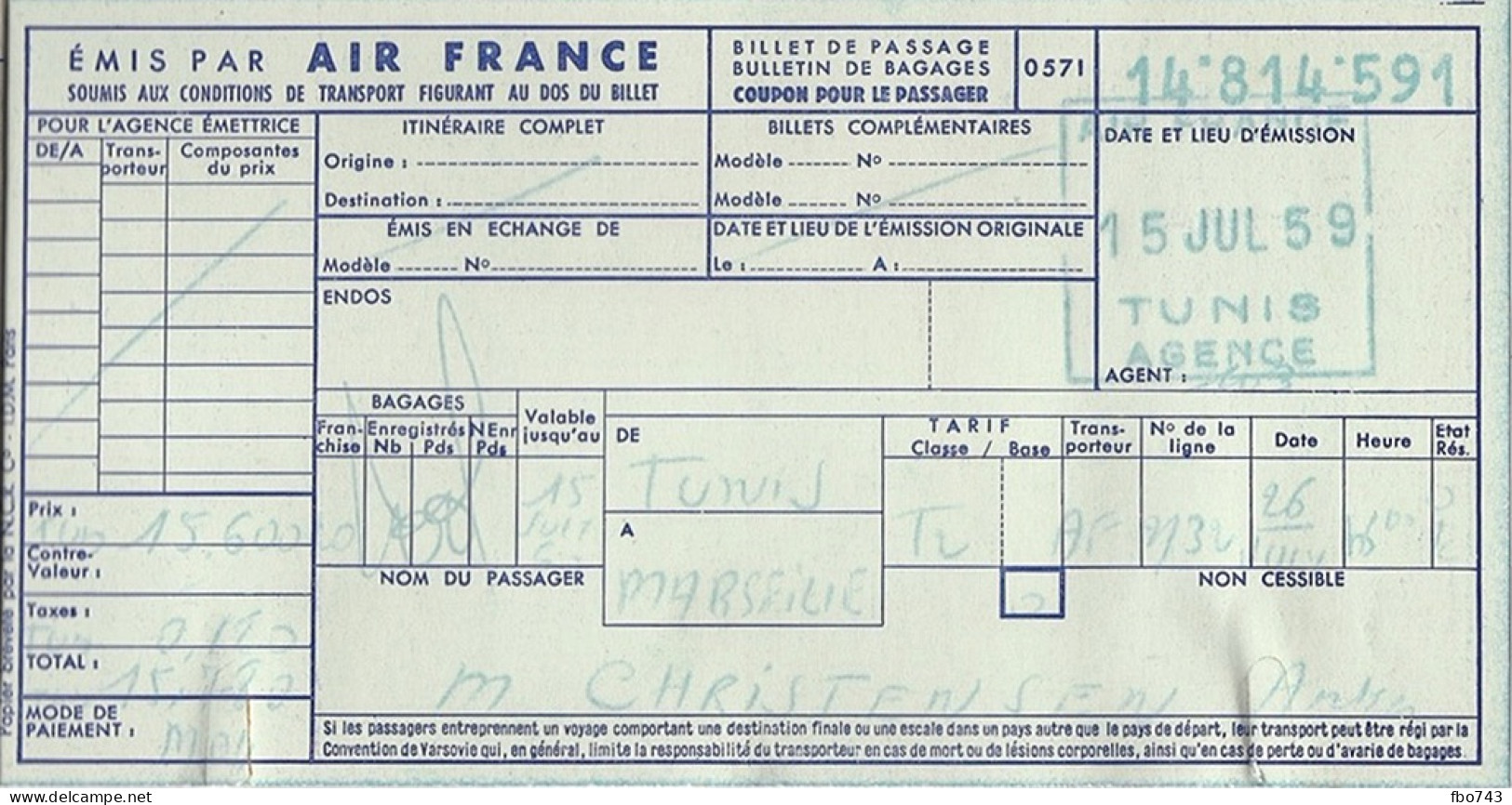 1959 Ticket Air France Tunis-Marseille - Europe