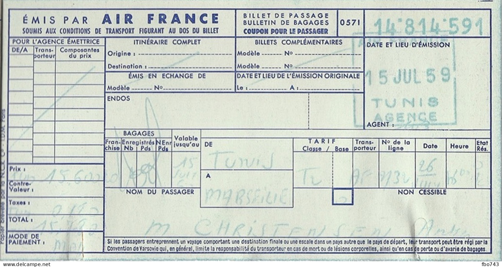 1959 Ticket Air France Tunis-Marseille - Europa