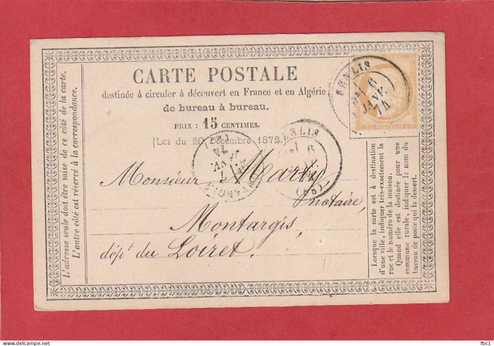 Oise - Senlis Vers Montargis - Carte Précurseur Type Cérès 15C 06/01/1874 (Aubert Avoué) - Precursor Cards