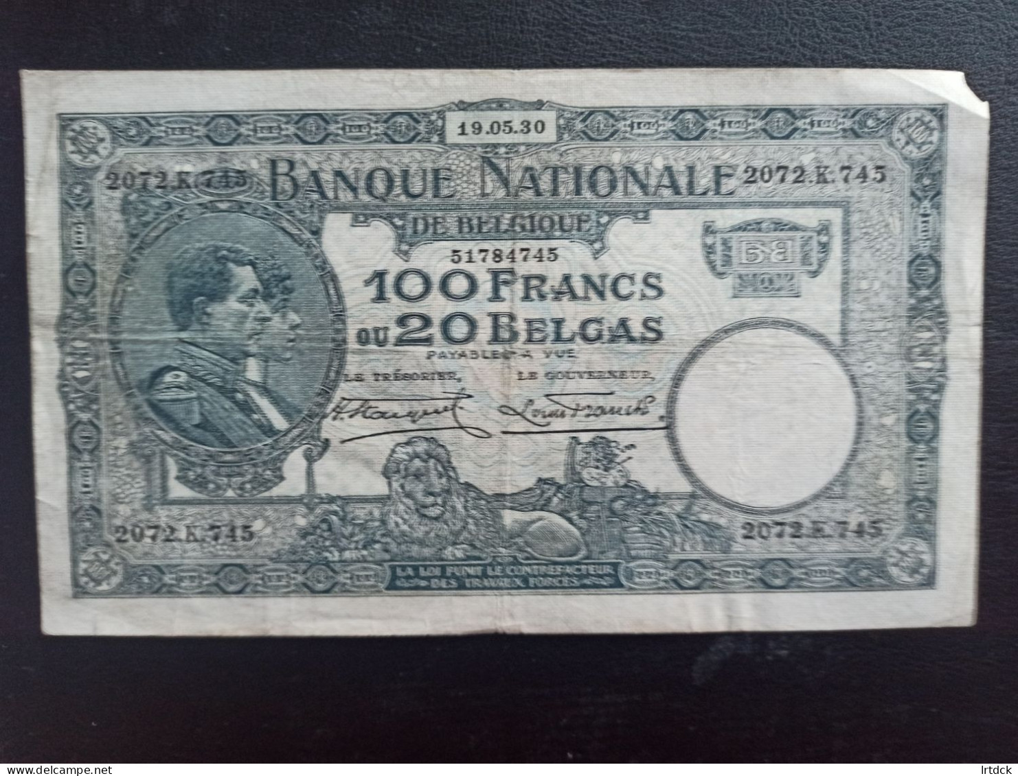 Billet Belgique 100 Francs 19/05/1930 - Autres & Non Classés