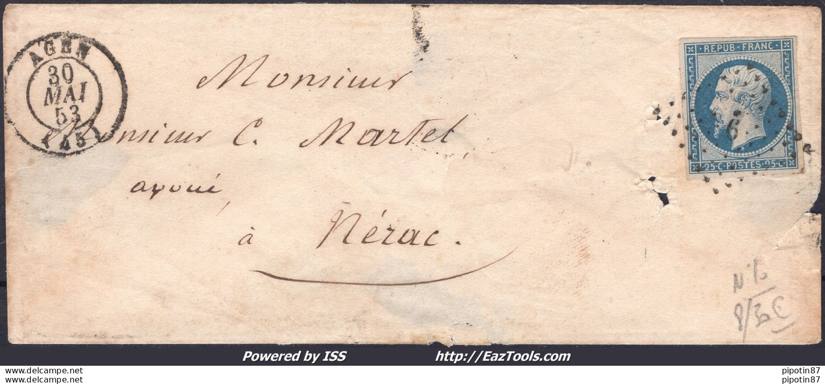 FRANCE PRESIDENCE N°10 SUR LETTRE PC 9 AGEN LOT ET GARONNE + CAD DU 30/05/1853 - 1852 Louis-Napoléon