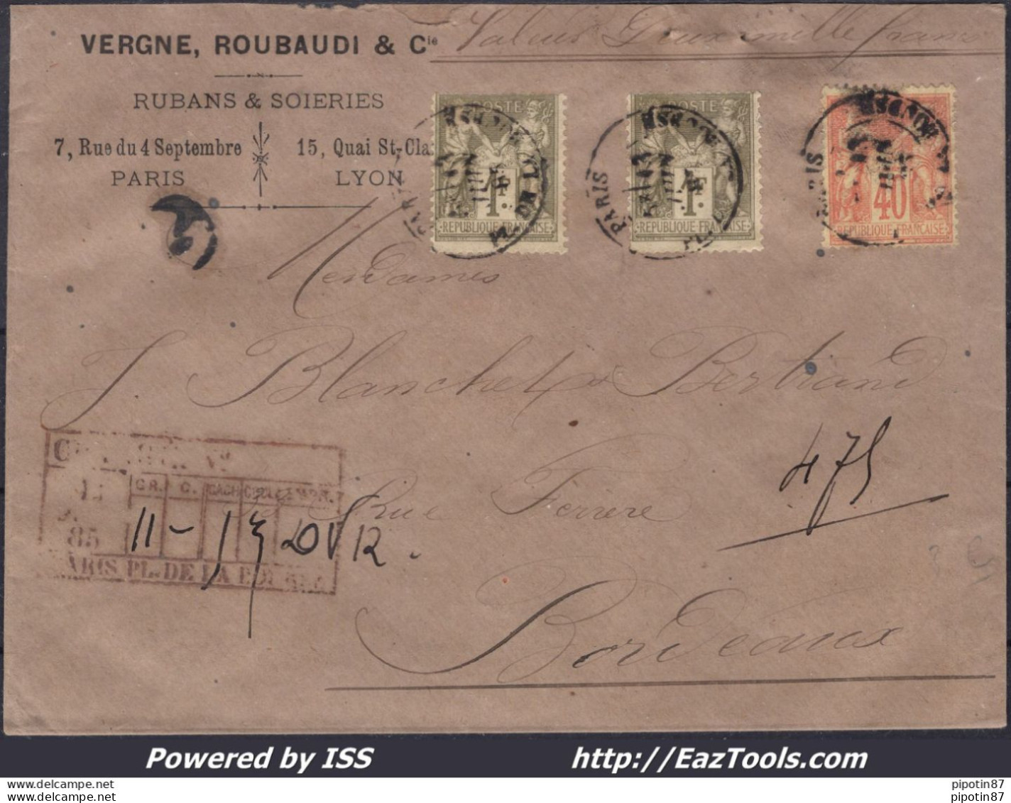 FRANCE N°82x2+94 SUR LETTRE CHARGÉE AVEC CAD PARIS CHARGEMENTS DU 13/06/1885 - 1876-1898 Sage (Tipo II)