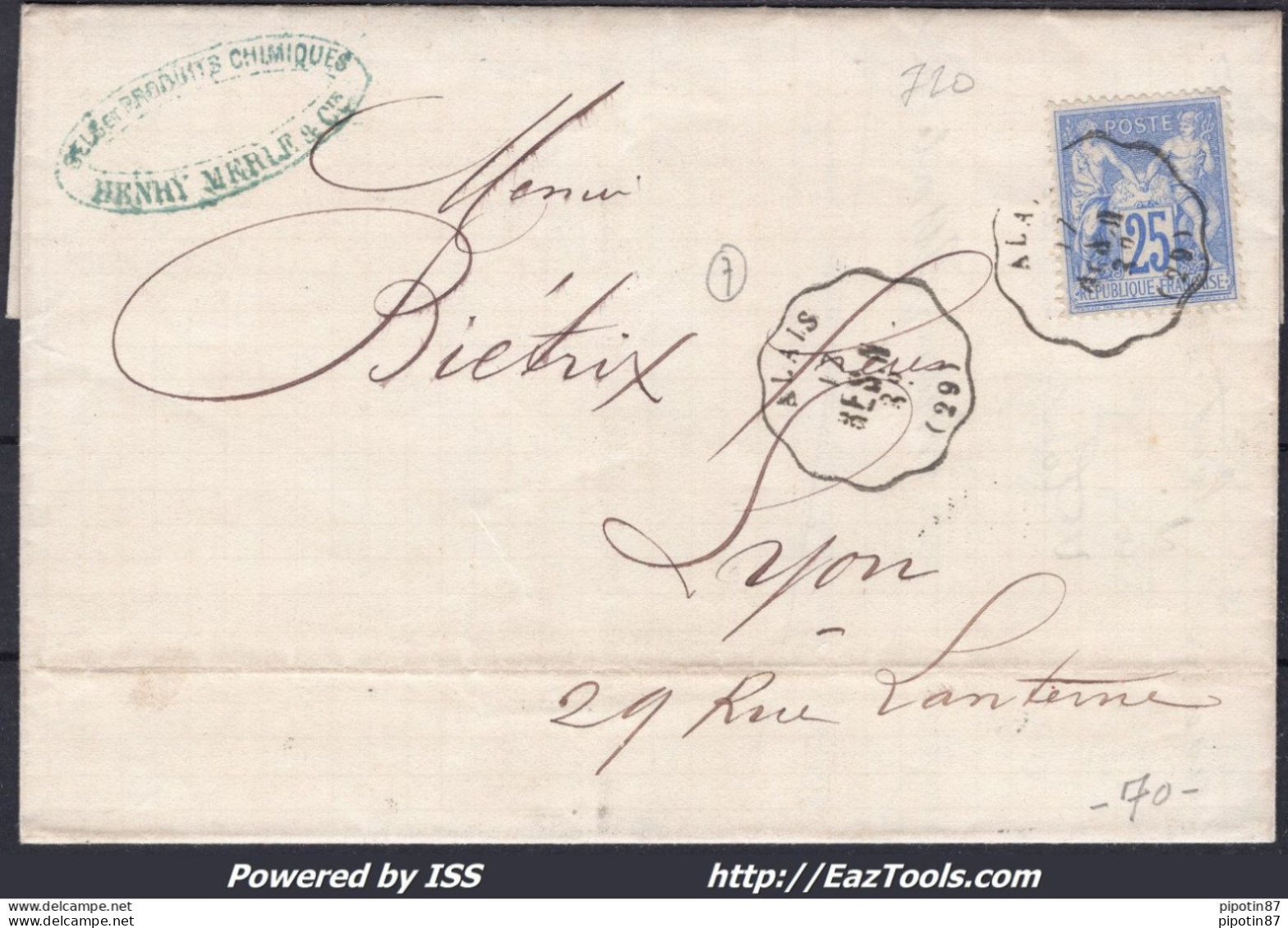 FRANCE N°78 SUR LETTRE AVEC CACHET CONVOYEUR DE STATION ALAIS LIGNE 101 BES.N. - 1876-1898 Sage (Type II)