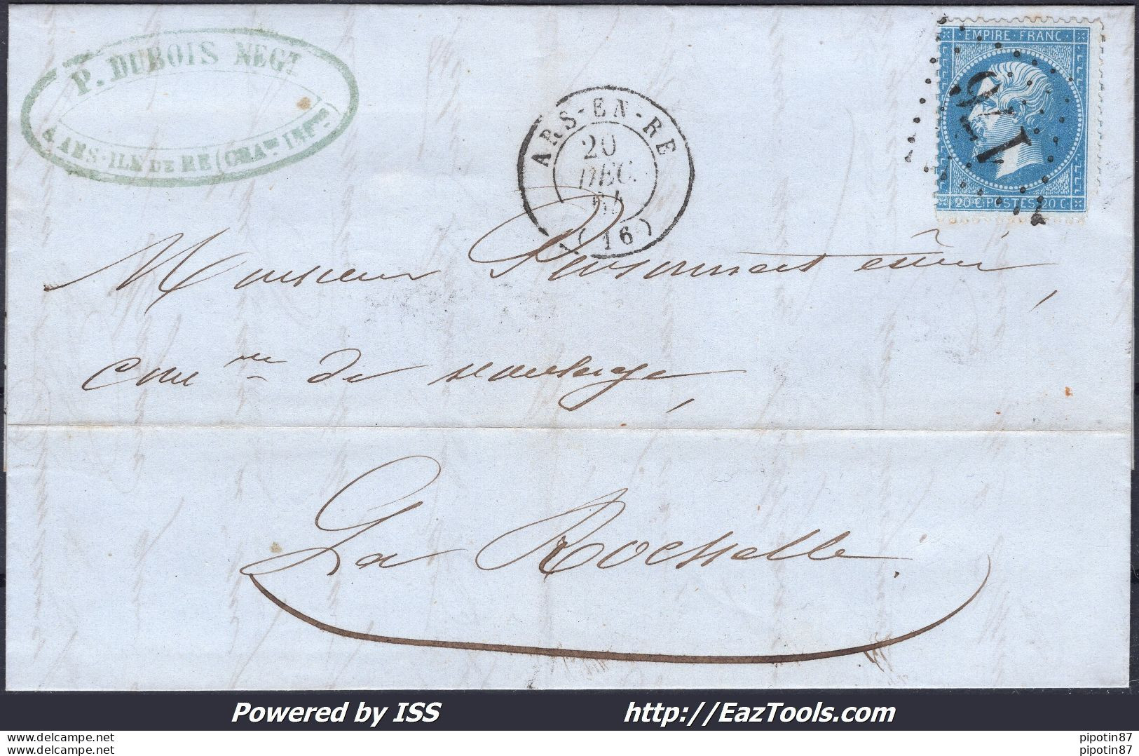 FRANCE N°22 SUR LETTRE AVEC GC 176 ARS EN RÉ CHARENTE INF + CAD DU 20/12/1864 - 1862 Napoleone III