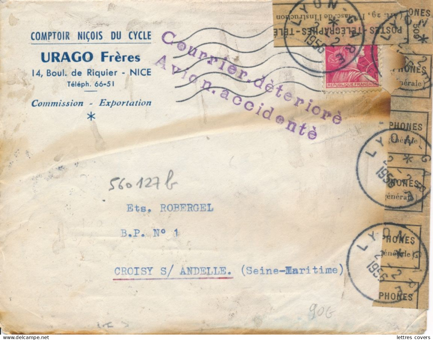 1956 Griffe " COURRIER DÉTÉRIORÉ AVION ACCCIDENTÉ " Crash à Bron Aéroport 27/1/56 - Cat NIERINCK 560127b Muller Lettre - Lettres Accidentées