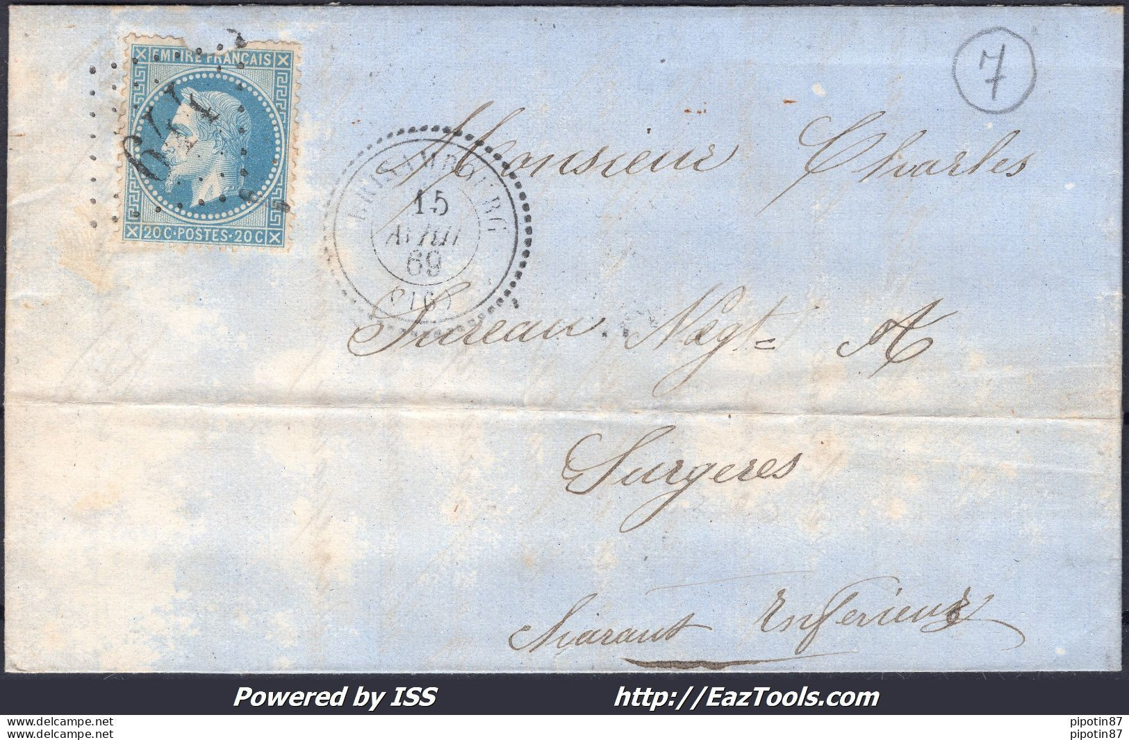 FRANCE N°29B SUR LETTRE AVEC GC 644 BRISAMBOURG CHARENTE INF + CAD DU 15/04/1869 - 1863-1870 Napoléon III Con Laureles