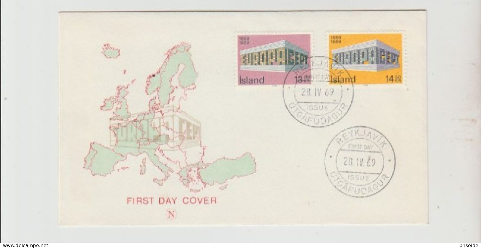 1969 N.1 BUSTA EUROPA CEPT PREMIER JOUR D'EMISSION FIRST DAY COVER ERSTTAGSBRIEF 1°GIORNO EMISSIONE ISLAND - 1969