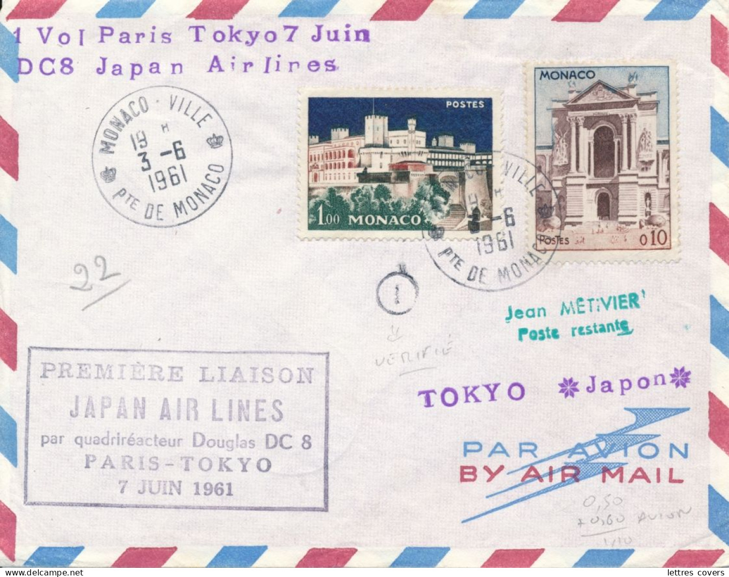 1961 Monaco Lettre Avion  > TOKYO Japon Premier Vol Douglas DC8 JAPAN Air Lines 7/6/61 - TARIF EXACT à 1.10 F - Covers & Documents