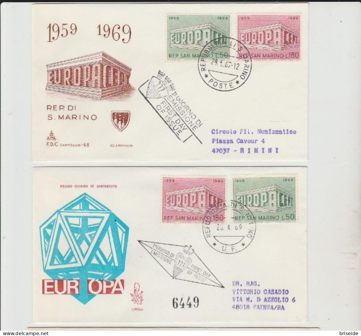 1969 N.2 BUSTA EUROPA CEPT PREMIER JOUR D'EMISSION FIRST DAY COVER ERSTTAGSBRIEF 1°GIORNO EMISSIONE REP. SAN MARINO - 1969