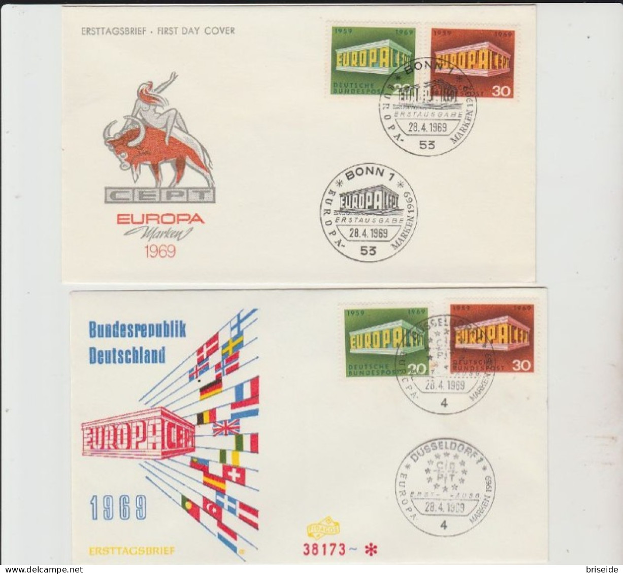 1969 N.2 BUSTA EUROPA CEPT PREMIER JOUR D'EMISSION FIRST DAY COVER ERSTTAGSBRIEF 1°GIORNO EMISSIONE DEUTSCHE BUNDESPOST - 1969