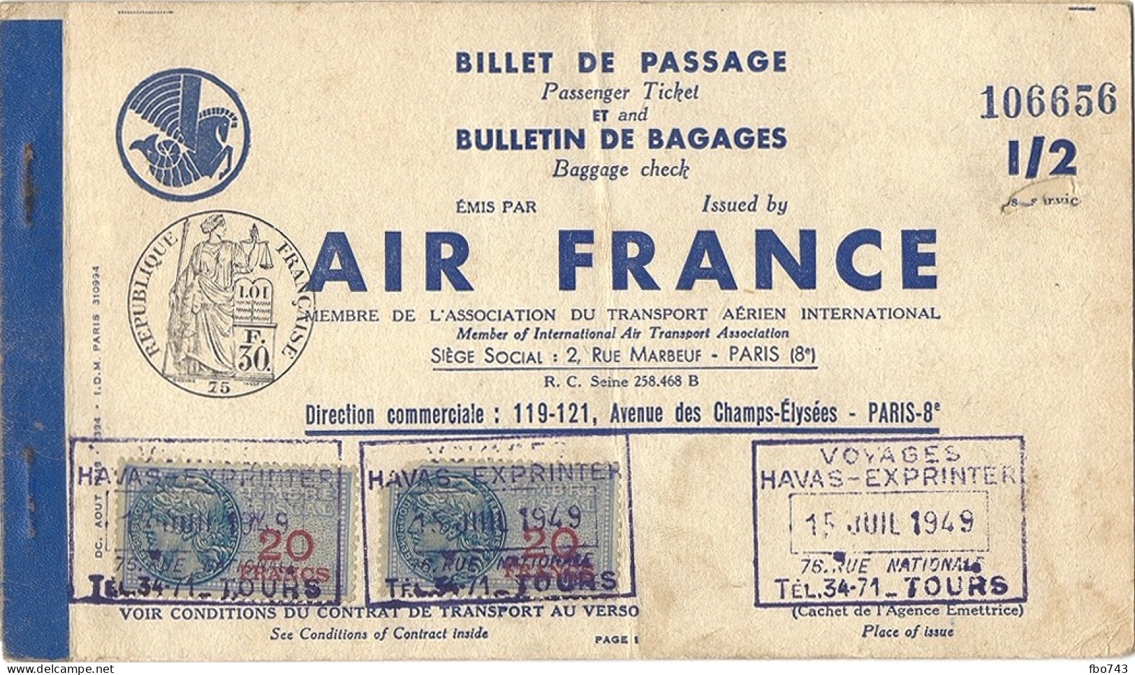 1949 Ticket Air France Marseille-Bastia - Europe