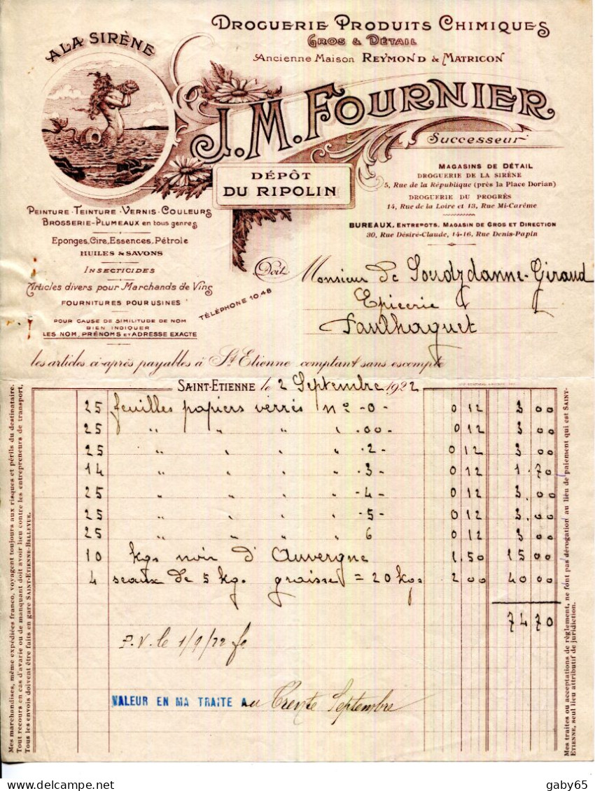 FACTURE.42.SAINT ETIENNE.DROGUERIE.PRODUITS CHIMIQUES.J.M.FOURNIER 5 RUE DE LA REPUBLIQUE. - Chemist's (drugstore) & Perfumery