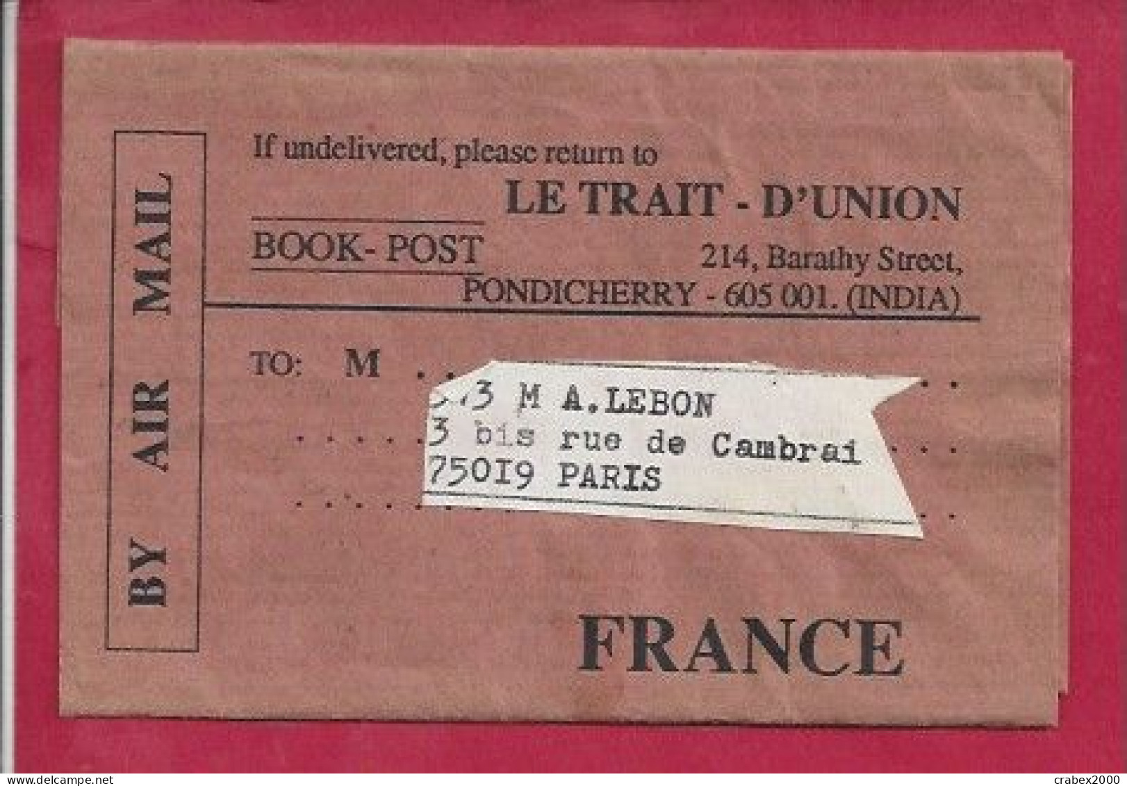 SG N°1159X2 BANDE DE JOURNAL PONDICHERY   Vers FRANCE  1989 - Storia Postale