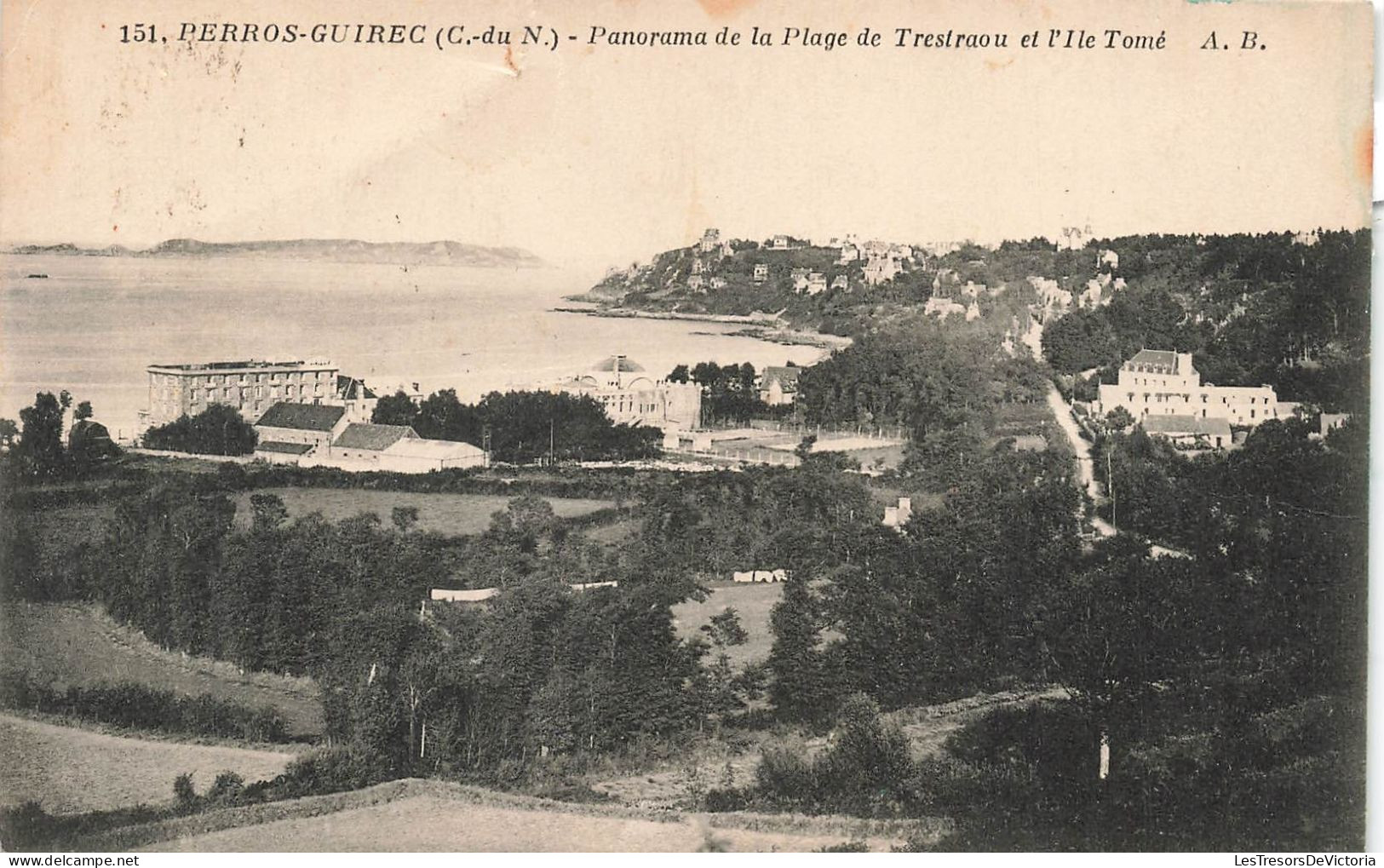 FRANCE - Perros-Guirec - Panorama De La Plage De Trestraou Et L'île Tomé - Carte Postale Ancienne - Perros-Guirec