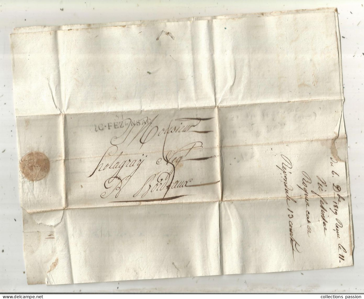 Lettre, Préphilatélie, Précurseurs XIX E Siècle, 1819, 31 VIC FEZANSAC à Bordeaux, 2 Scans - 1801-1848: Precursors XIX