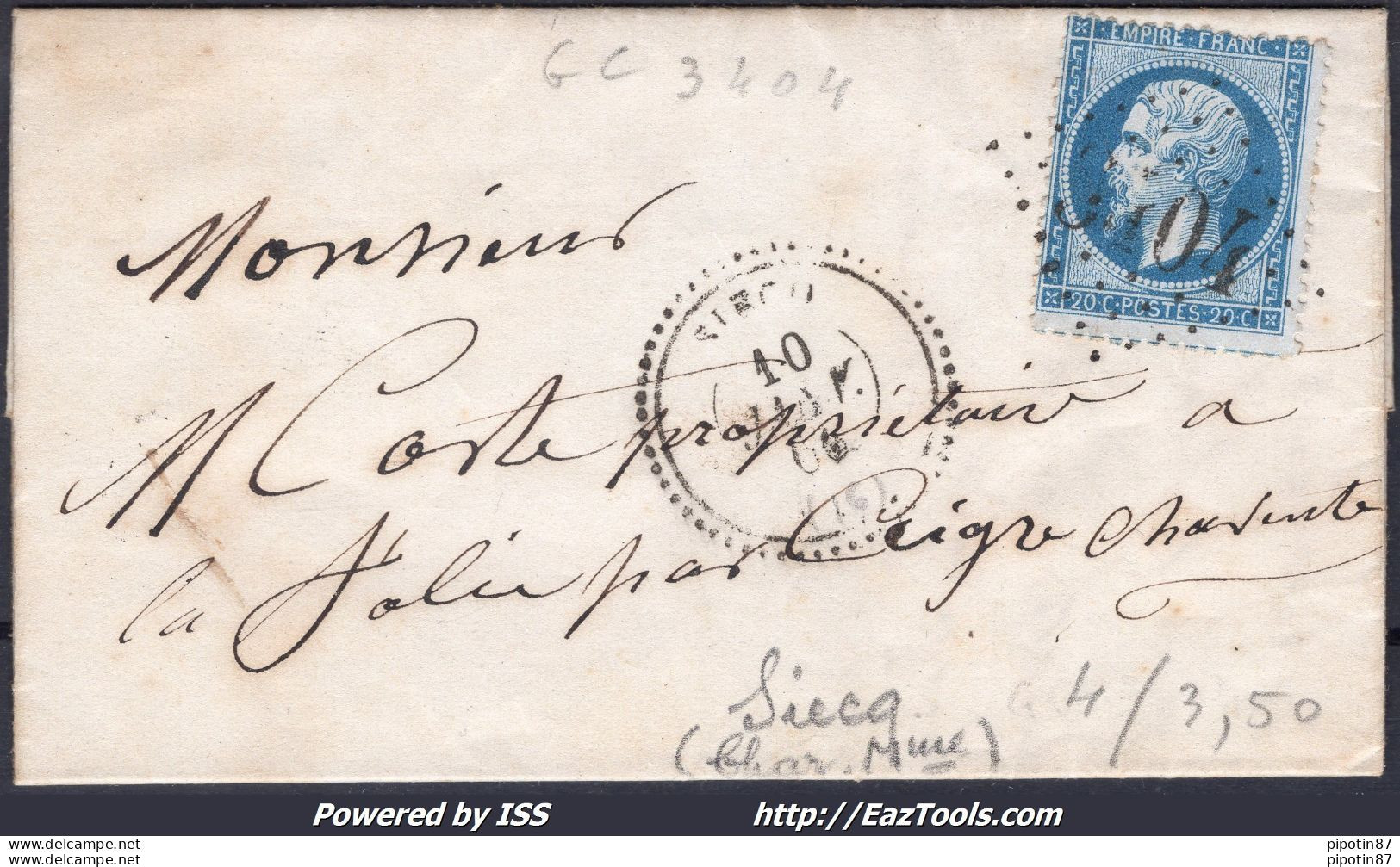 FRANCE N°22 SUR LETTRE AVEC GC 3404 SIECQ CHARENTE INF + CAD DU 10/01/1866 - 1862 Napoléon III