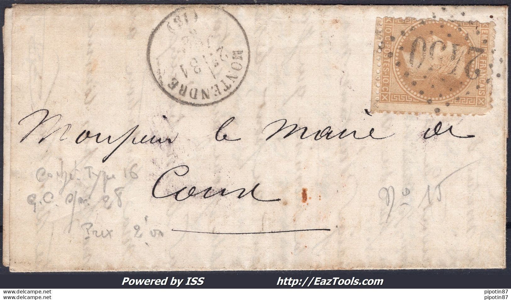 FRANCE N°28B SUR LETTRE AVEC GC 2450 MONTENDRE CHARENTE INF + CAD DU 31/07/1869 - 1863-1870 Napoléon III Lauré