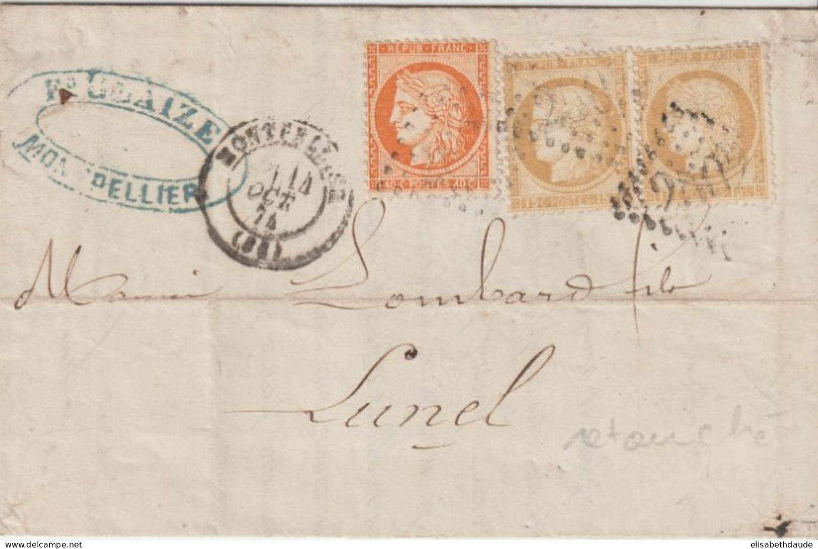 1874 - RARE SIEGE 40c RETOUCHE ! Sur LETTRE De MONTPELLIER (HERAULT) - 1870 Siège De Paris