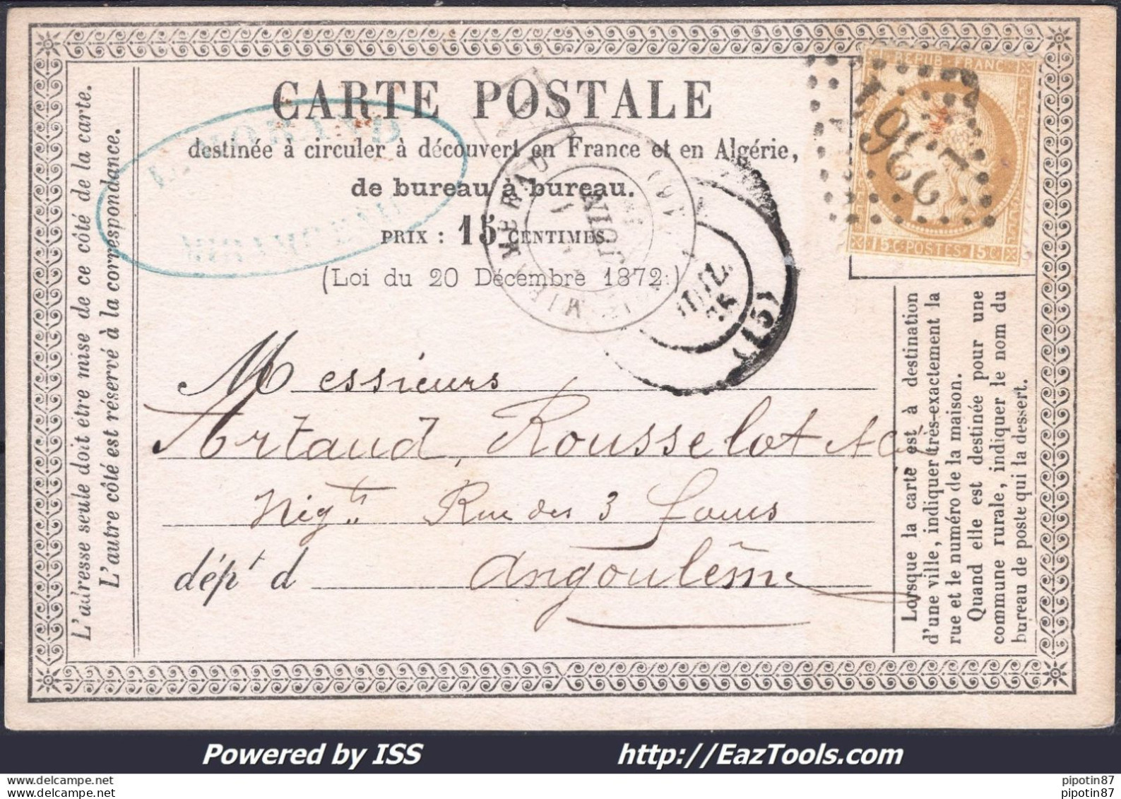 FRANCE N°55 SUR LETTRE AVEC GC 2364 MIRAMBEAU CHARENTE INF + CAD DU 01/06/1875 - 1871-1875 Cérès
