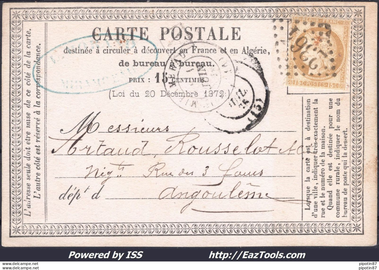 FRANCE N°55 SUR LETTRE AVEC GC 2364 MIRAMBEAU CHARENTE INF + CAD DU 01/06/1875 - 1871-1875 Ceres