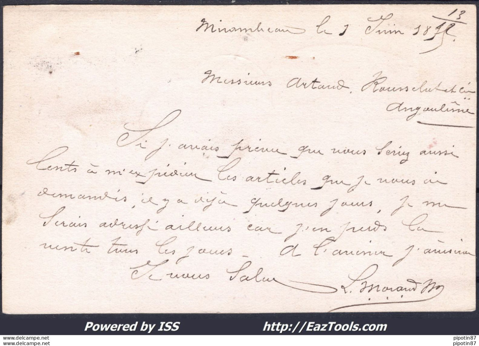 FRANCE N°55 SUR LETTRE AVEC GC 2364 MIRAMBEAU CHARENTE INF + CAD DU 01/06/1875 - 1871-1875 Cérès