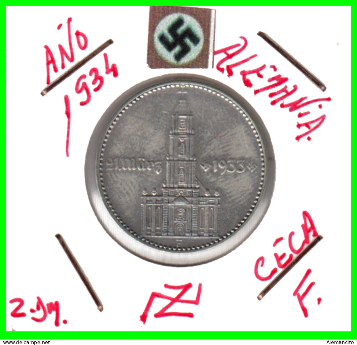 GERMANY - ALEMANIA DEUTFCHES REICH MONEDA DE 2.00 REICHSMARK AÑO 1934-F MONEDA DE PLATA - 27 MM.  ANIVERSARIO GOBI-NAZI - 2 Reichsmark