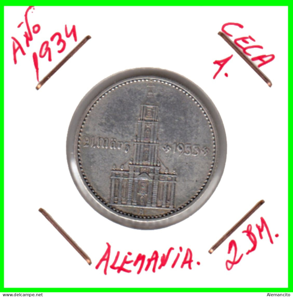 GERMANY - ALEMANIA DEUTFCHES REICH MONEDA DE 2.00 REICHSMARK AÑO 1934-A MONEDA DE PLATA - 27 MM.  ANIVERSARIO GOBI-NAZI - 2 Reichsmark