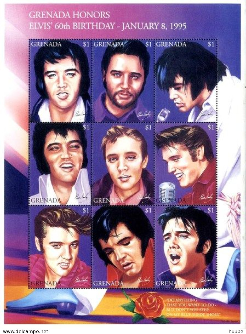 Grenada, 1995, Mi 3010-3018, 60th Anniversary Of The Birth Of Elvis Presley, Sheet Of 9, MNH - Elvis Presley