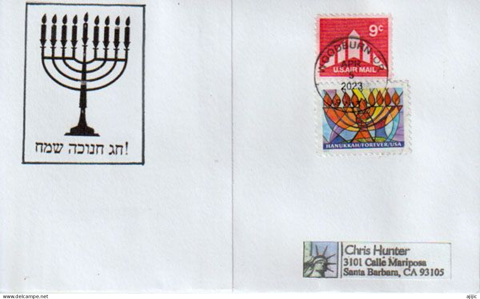 2022: Happy Hanukkah! (Lighting The Candles Festival)  Letter From Woodburn, Oregon  To California - Covers & Documents