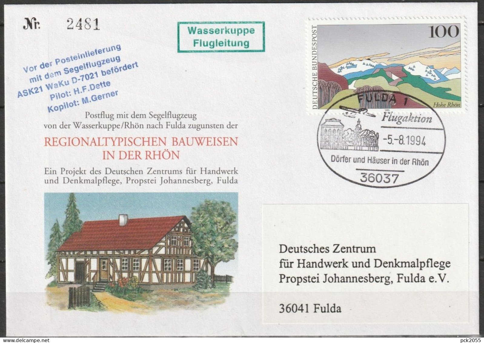 BRD Flugpost  Posteinlieferung Mit Dem Segelflugzeug  Sonderstempel Fulda  5.8.1994 Michel Nr.1686( FP 305) - Covers & Documents