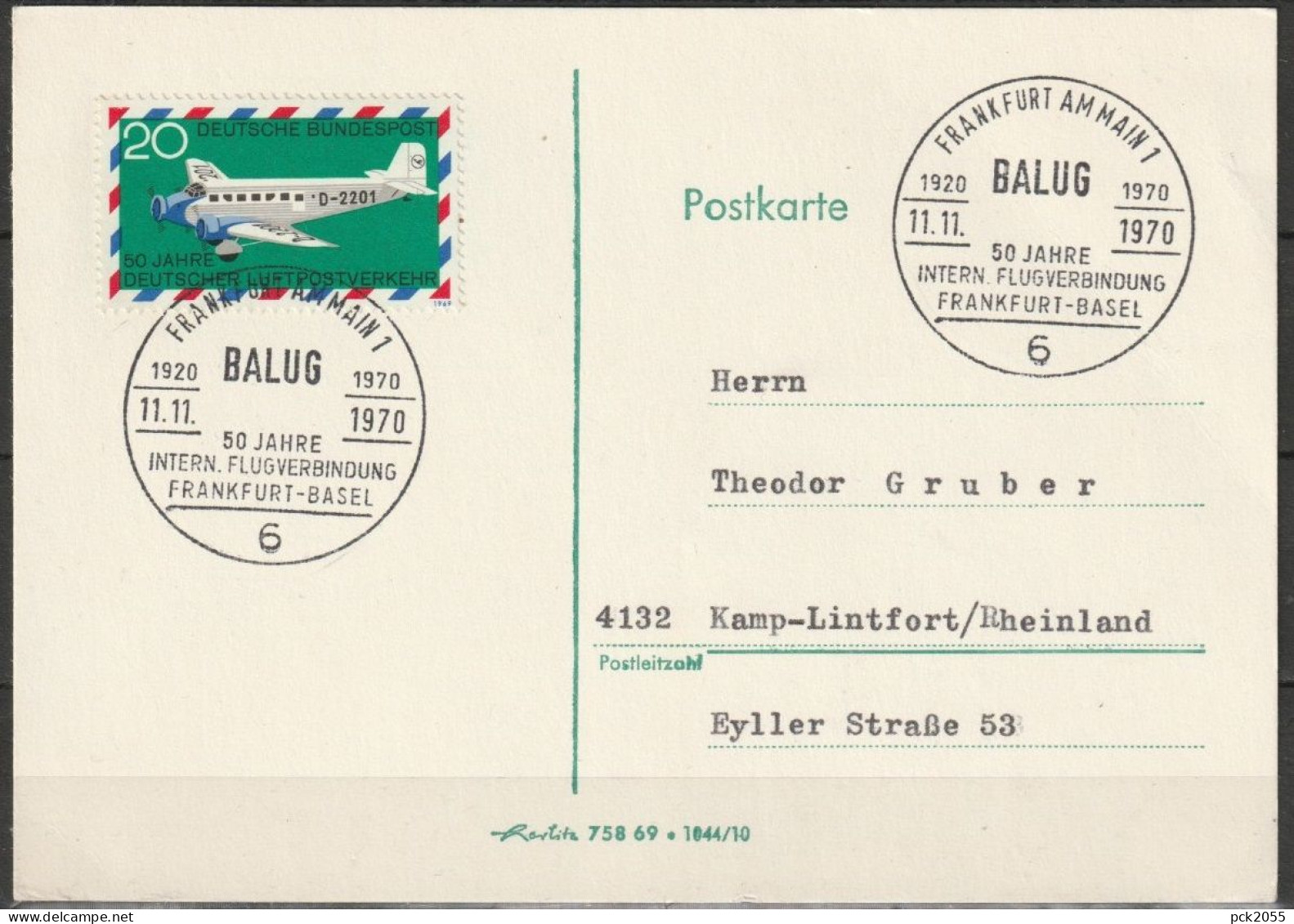 BRD Flugpost  50 Jahre Flugverbindung Frankfurt -Basel  Sonderstempel Frankfurt  11.11.1970 Michel Nr.576 ( FP 306) - Brieven En Documenten