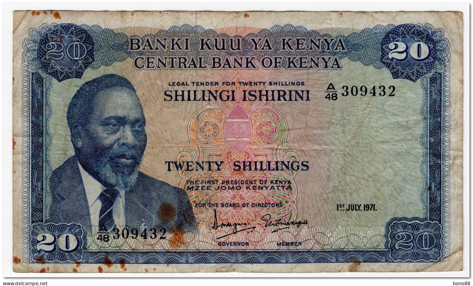 KENYA,20 SHILLINGS,1971,P.7b,F,OXIDE MARKS - Kenia