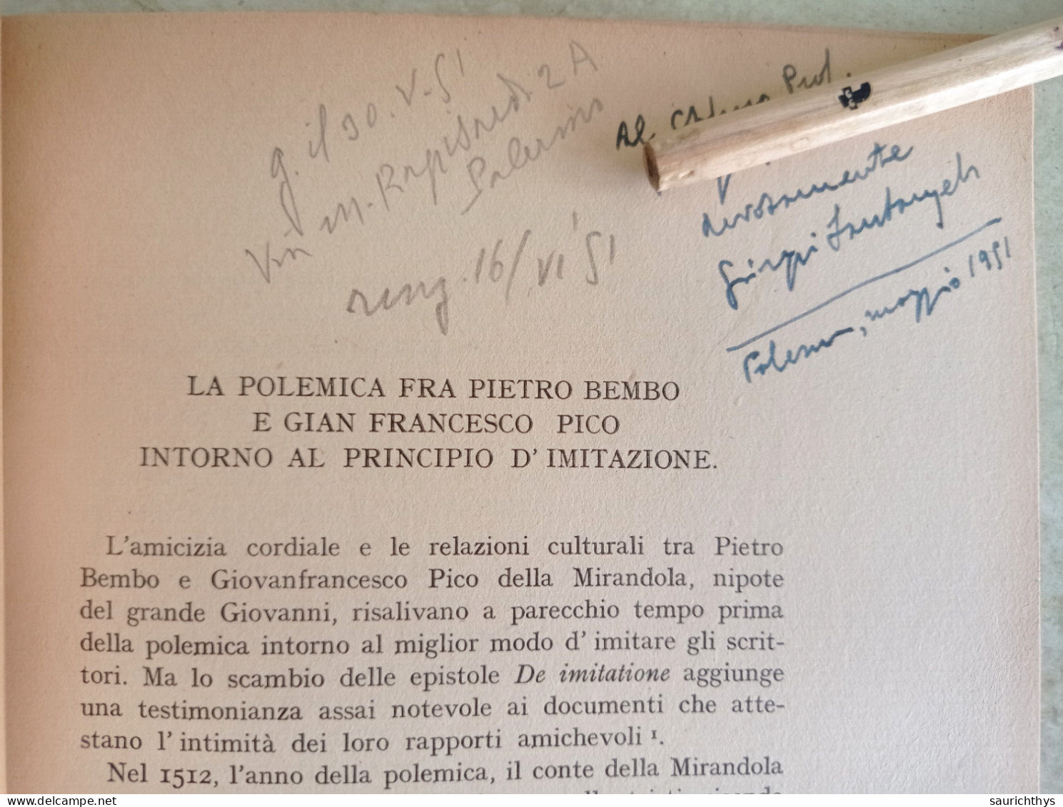 La Polemica Fra Pietro Bembo E Gian Francesco Pico Autografo Giorgio Santangelo Da Castelvetrano 1950 - History, Biography, Philosophy