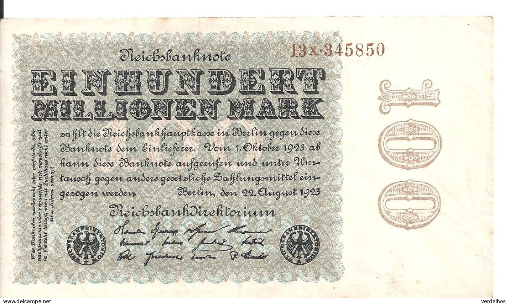 ALLEMAGNE 100 MO MARK 1923 XF+ P 107 - 100 Mio. Mark