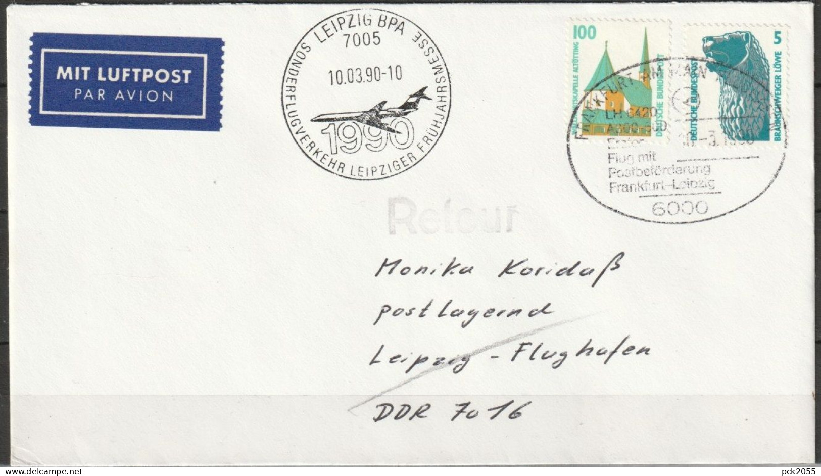 BRD Flugpost /Erstflug Airbus A300  LH 6420 Frankfurt - Leipzig 10.3.1990 Ankunftstempel 10.3.90 (FP 309 ) - Premiers Vols