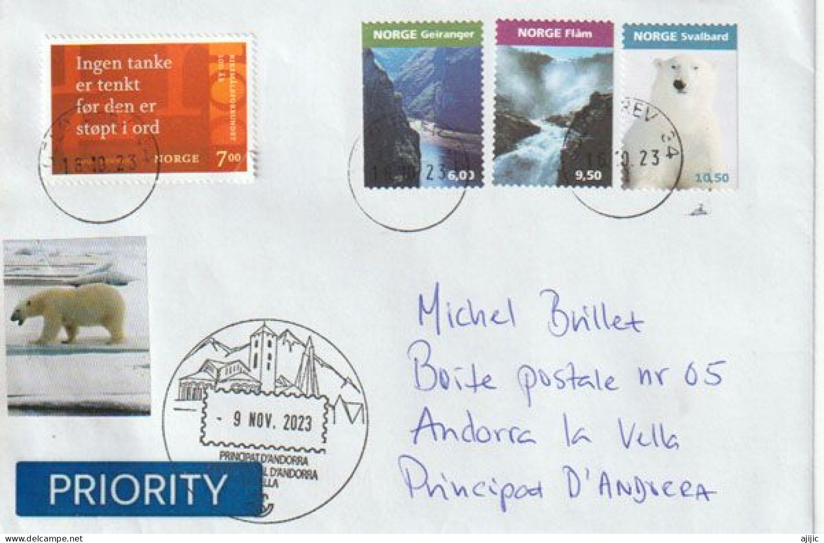 2023. Svalbard – Polar Bear Country /Geiranger & Nærøyfjord, Letter Norway To Andorra, With Local Arrival Postmark - Lettres & Documents