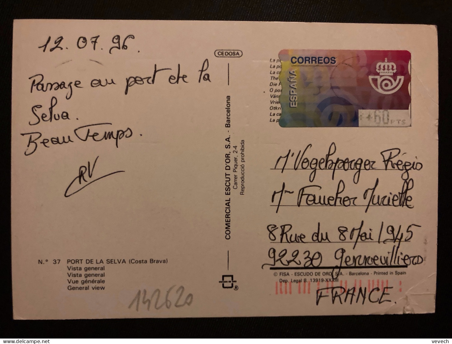CP Pour La FRANCE Datée 12 07 96 VIGNETTE 60 PTS OBL.MEC. - Viñetas De Franqueo [ATM]