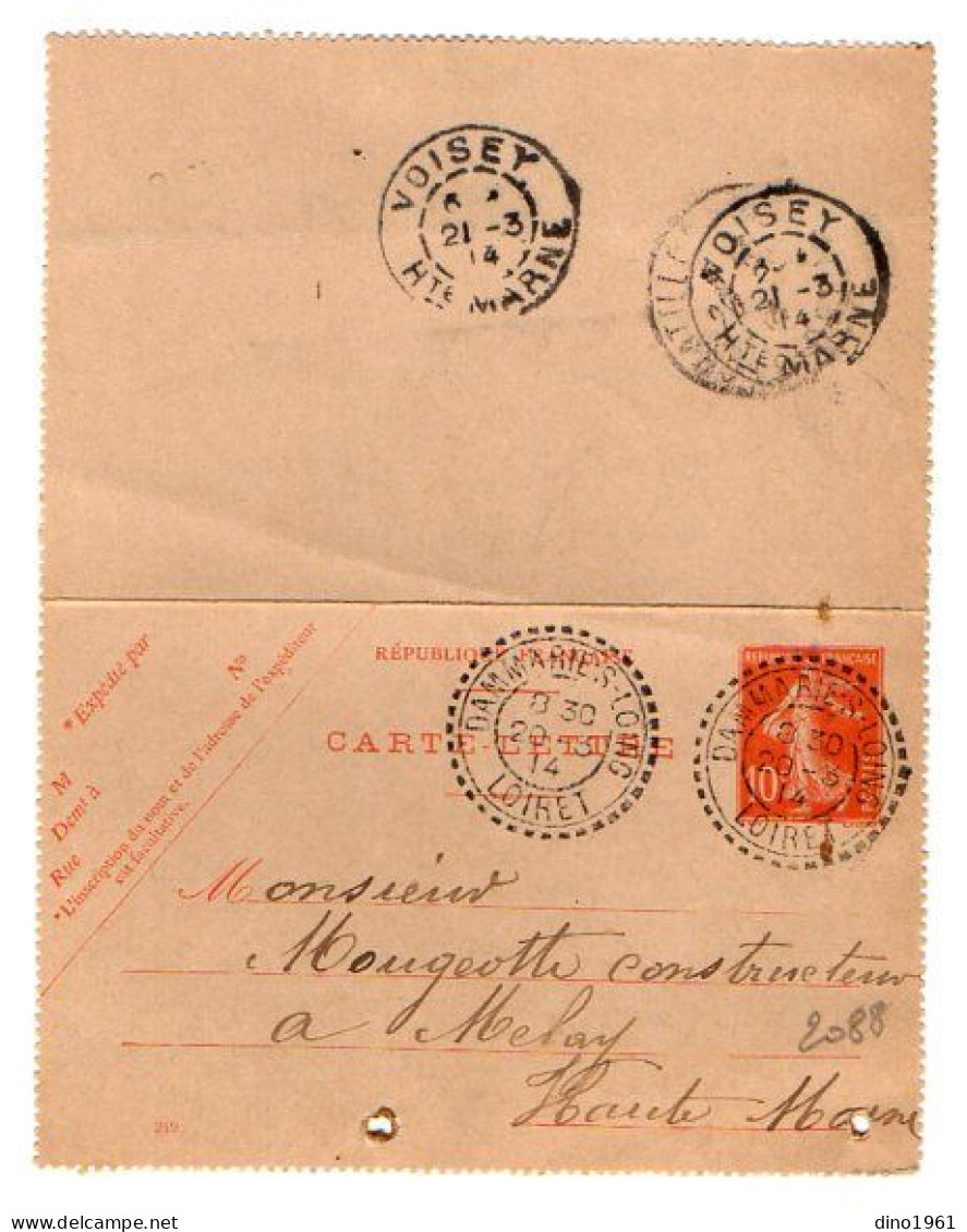 TB 4437 - 1914 - Entier Postal - Carte Lettre - M. DAVID à DAMMARIE SUR LOING ( Cachet Perlé ) Pour MOUGEOTTE à  MELAY - Kartenbriefe